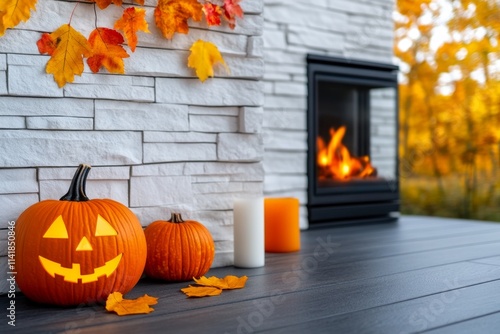 A cozy living room with a roaring fireplace, fall decorations on the mantel, and a large window framing the colorful outdoors photo