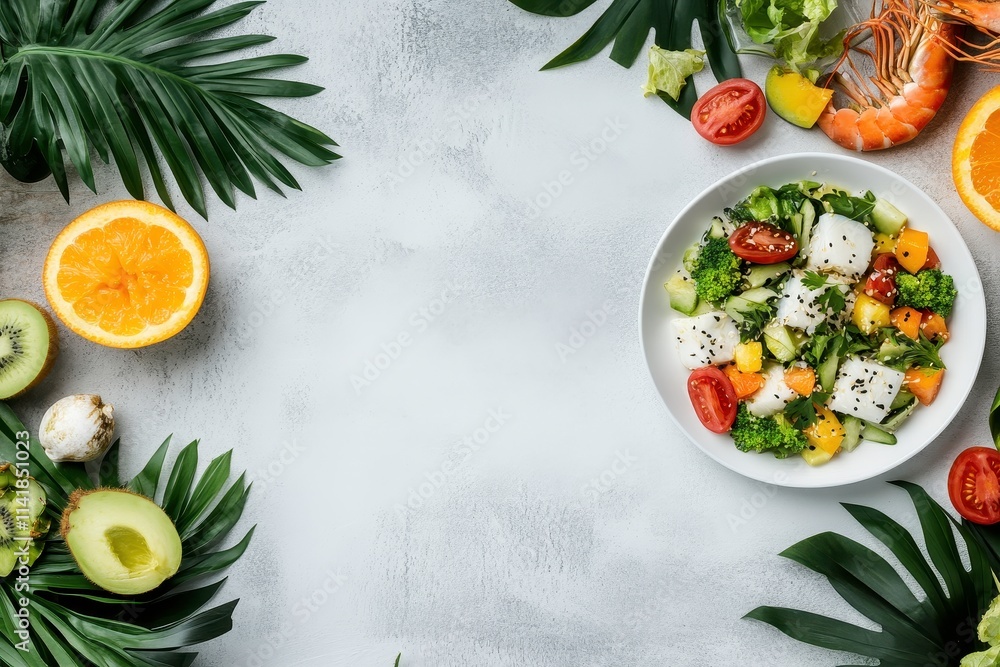 Fresh and Colorful Salad Surrounded by Tropical Fruits and Greenery, Perfect for Healthy Eating and Culinary Inspiration in Vibrant Settings Fresh and Colorful Salad Surrounded by Tropical Fruits and Greenery, Perfect for Healthy Eating and Culinary Inspiration in Vibrant Settings