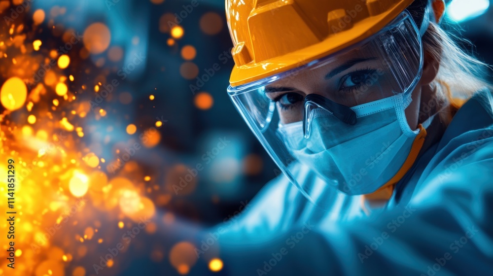 A focused worker in safety gear, including a helmet and mask, engaged in a task that produces bright sparks and a dynamic industrial environment. A focused worker in safety gear, including a helmet and mask, engaged in a task that produces bright sparks and a dynamic industrial environment.