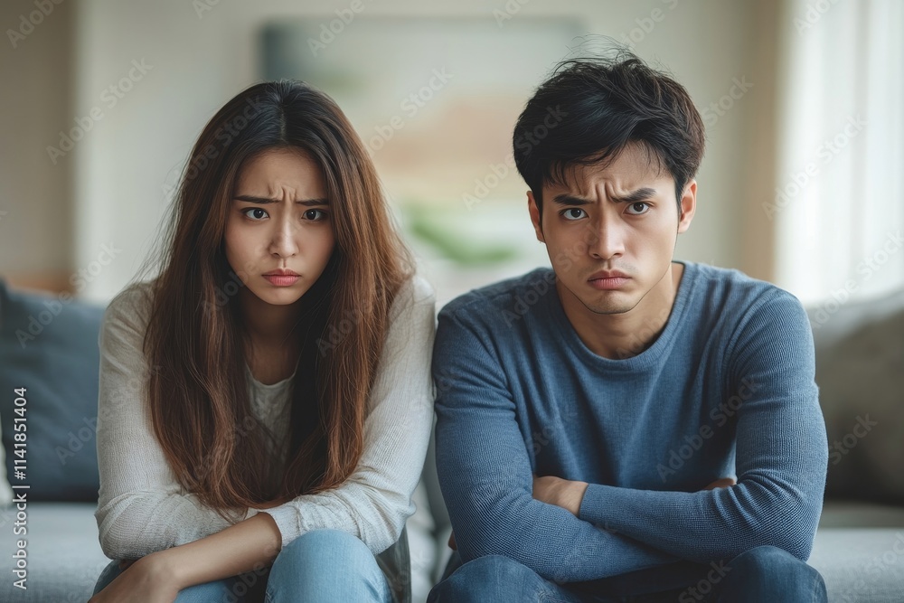 Love problem concept. Asian couple having quarrel at home, Generative AI Love problem concept. Asian couple having quarrel at home, Generative AI