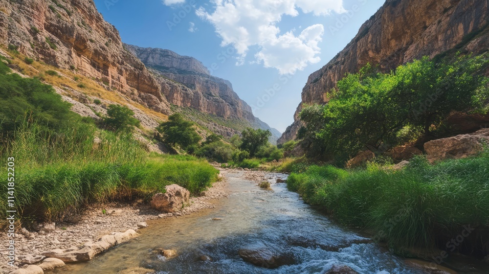 Baidar Valley serene landscape with river and lush greenery surrounded by majestic mountains under a bright blue sky Baidar Valley serene landscape with river and lush greenery surrounded by majestic mountains under a bright blue sky