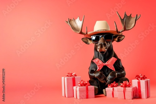 Funny Moose Reptile with Sunglasses and Cowboy Hat Holding Gift Boxes on Vibrant Coral Background photo