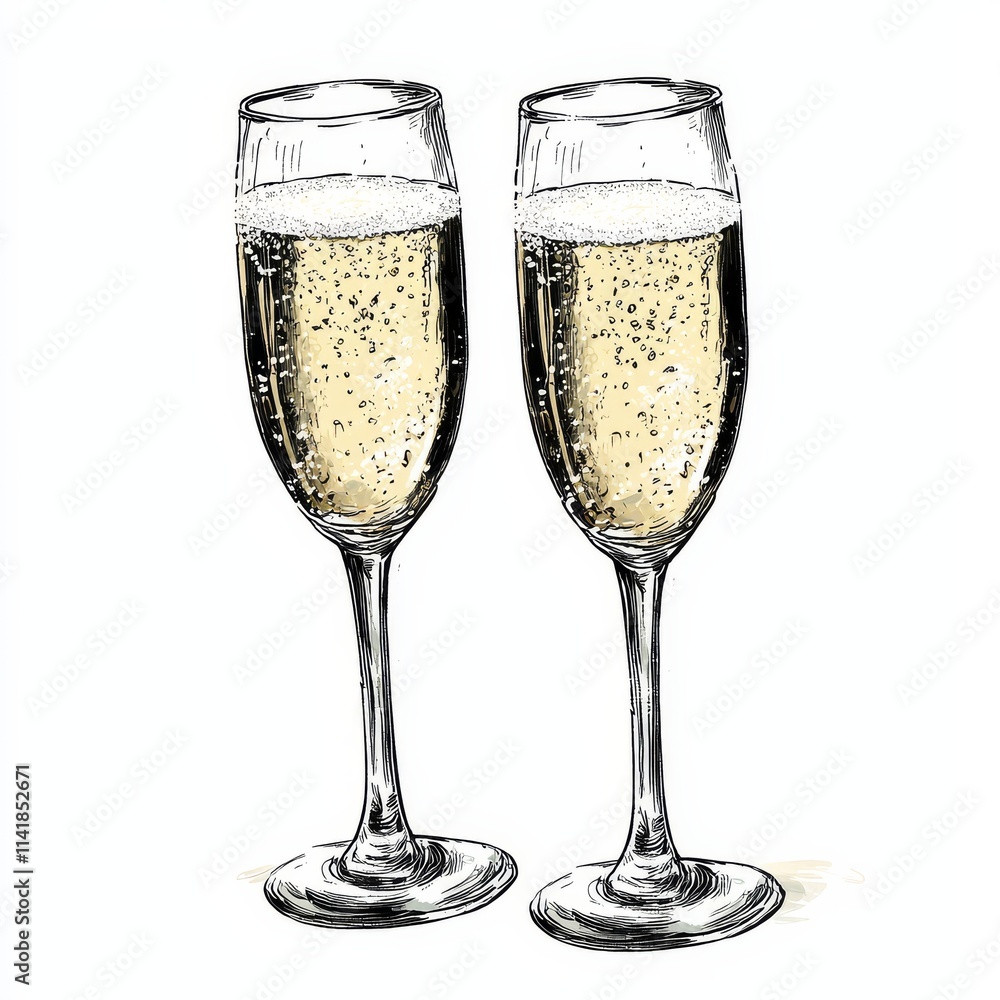 Two elegant champagne flutes filled with bubbly drink, symbolizing celebration and joy. Two elegant champagne flutes filled with bubbly drink, symbolizing celebration and joy.