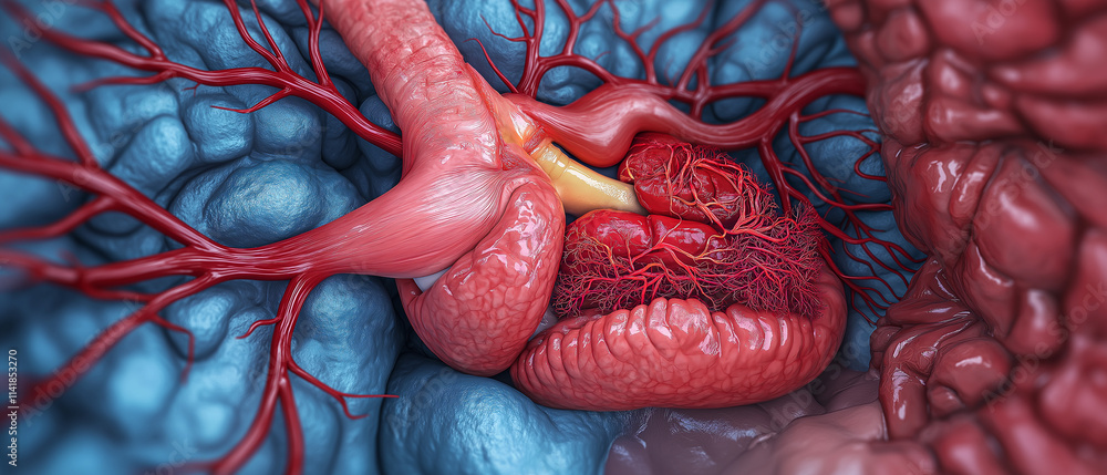 Naklejka premium Pancreatitis inflammation symptoms therapy medication. Detailed anatomical illustration of a heart and vascular system, showcasing intricate structures in vibrant colors.
