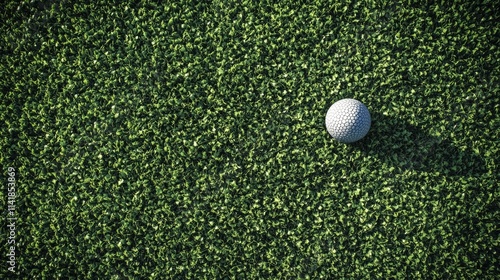 Golf ball resting on vibrant green artificial turf ideal for sports and outdoor activities with a focus on leisure and recreation. photo