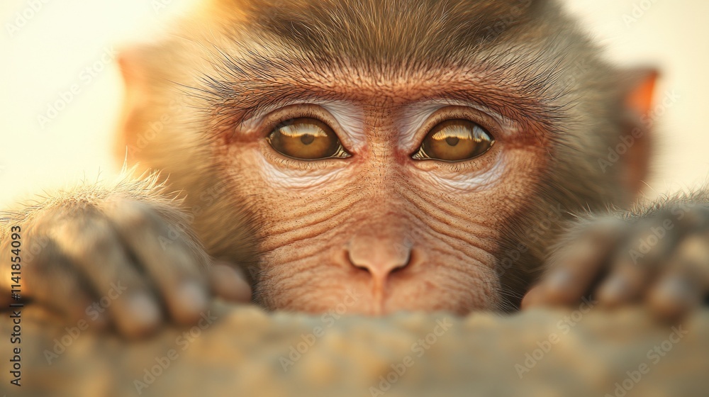 A close-up image of a monkey with expressive eyes, looking curiously over a ledge, showcasing its soft fur and inquisitive nature. A close-up image of a monkey with expressive eyes, looking curiously over a ledge, showcasing its soft fur and inquisitive nature.