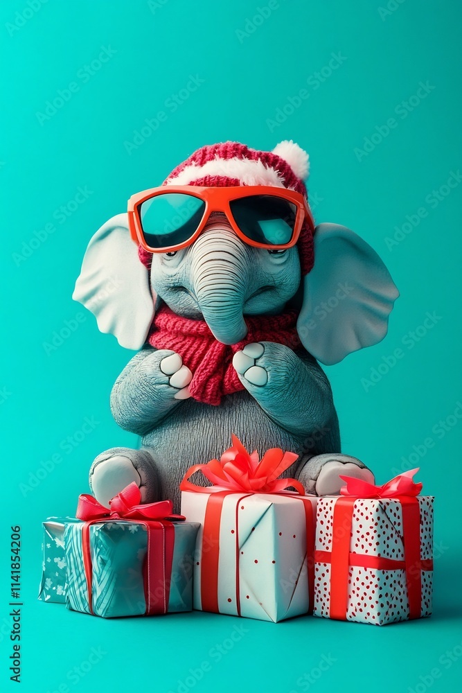 Whimsical Elephant Reptile in Holiday Costume with Gifts on Teal Background Whimsical Elephant Reptile in Holiday Costume with Gifts on Teal Background