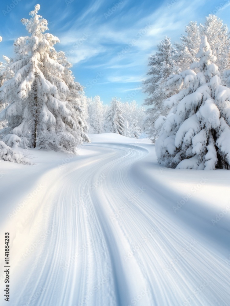 Fototapeta premium This breathtaking winter landscape showcases a winding, snow-covered pathway surrounded by towering, snow-capped pine trees.