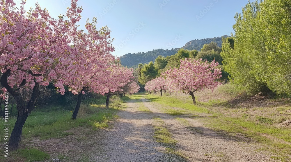 Scenic pathway lined with blooming pink almond trees in city park during early spring season Scenic pathway lined with blooming pink almond trees in city park during early spring season