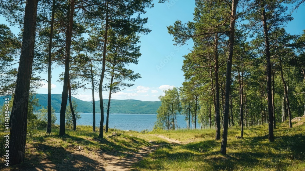 Serene Baikal landscape featuring lush green spring forest and tranquil waters under a clear blue sky with distant hills. Serene Baikal landscape featuring lush green spring forest and tranquil waters under a clear blue sky with distant hills.