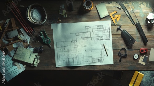 Architectural Blueprint And Drafting Tools On Wooden Table