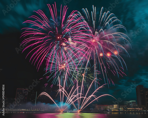 A photo of a vibrant fireworks display against a charcoal-gray sky with faint metallic undertones photo