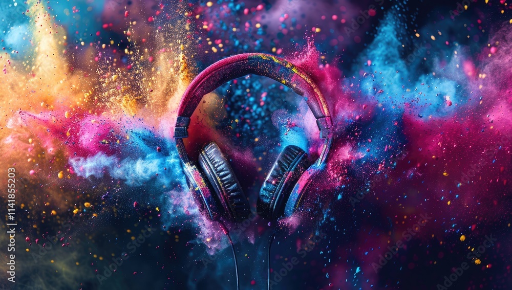 Pair of headphones are shown with colorful background that matches the colors on the headphones. Pair of headphones are shown with colorful background that matches the colors on the headphones.
