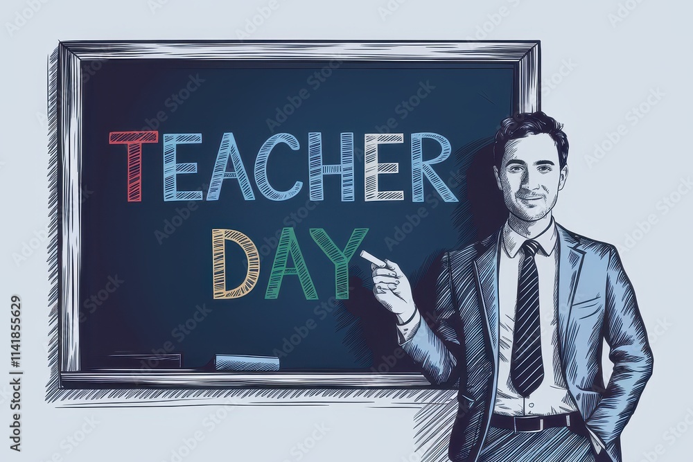 Happy Teacher Day Chalkboard Illustration Featuring A Male Teacher Happy Teacher Day Chalkboard Illustration Featuring A Male Teacher