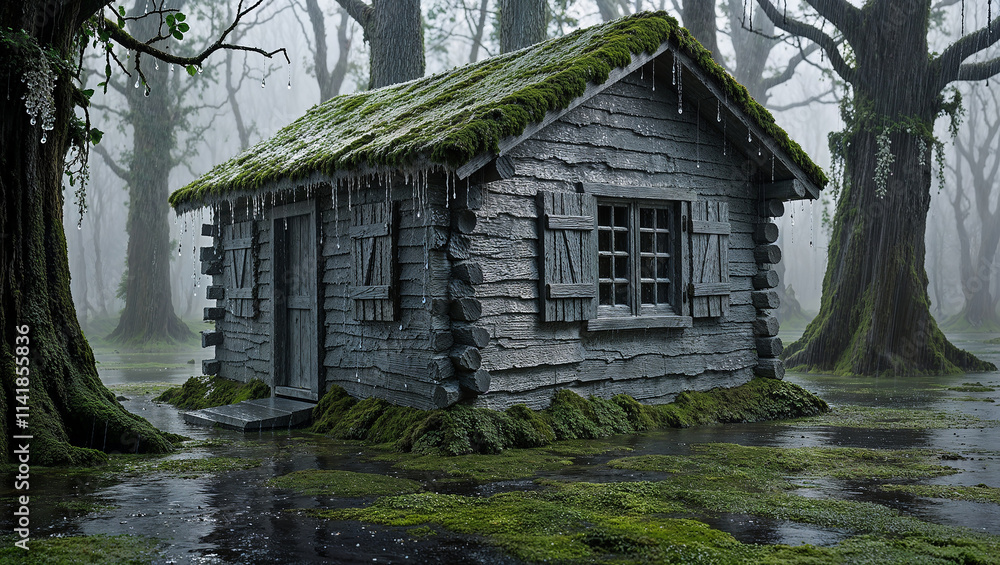 Rain falling on a mossy cabin in a swampy forest Rain falling on a mossy cabin in a swampy forest