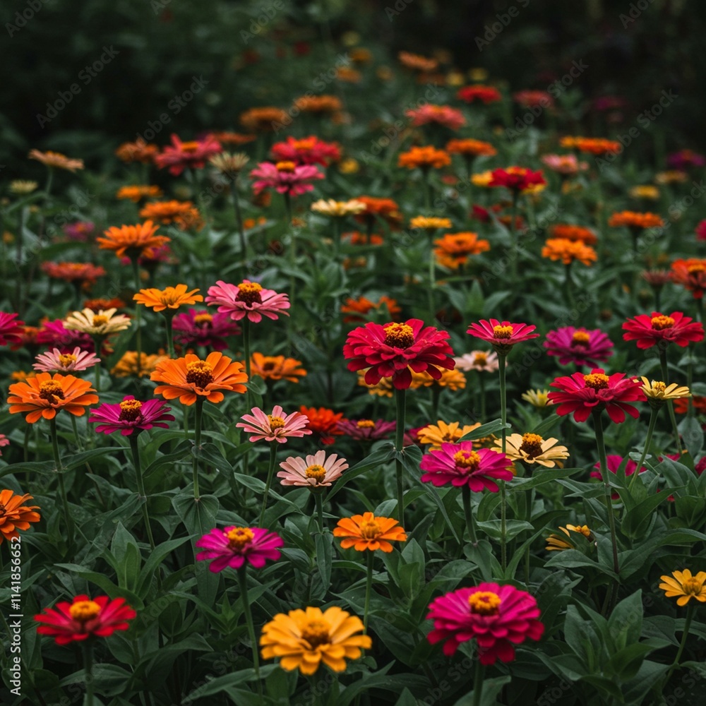 summer Beautiful bed in a large number various zinnias grow and blossom summer Beautiful bed in a large number various zinnias grow and blossom