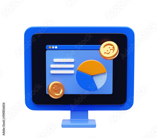 Monitor screen with chart and coin money icon 3d illustration