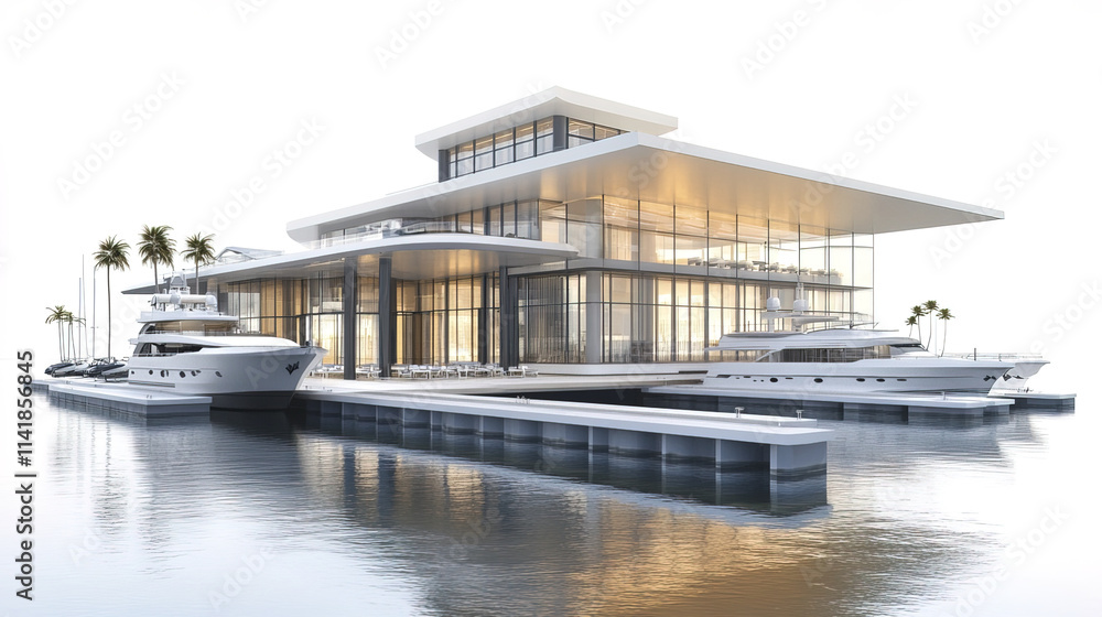 Luxurious marina hotel with modern design and nautical theme, featuring yachts Luxurious marina hotel with modern design and nautical theme, featuring yachts