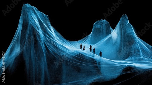Wallpaper Mural Overcoming challenges: Ancient figures scale blue spider silk mountains in surreal 3D landscape. Glowing trails and translucent particles create mesmerizing visual effect on black backdrop. Chinese-in Torontodigital.ca