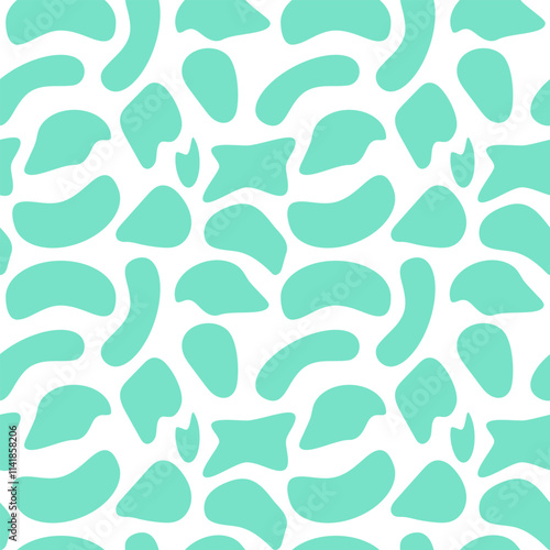 A seamless abstract pattern with turquoise pebble-like shapes on a white background, ideal for modern designs and textures.