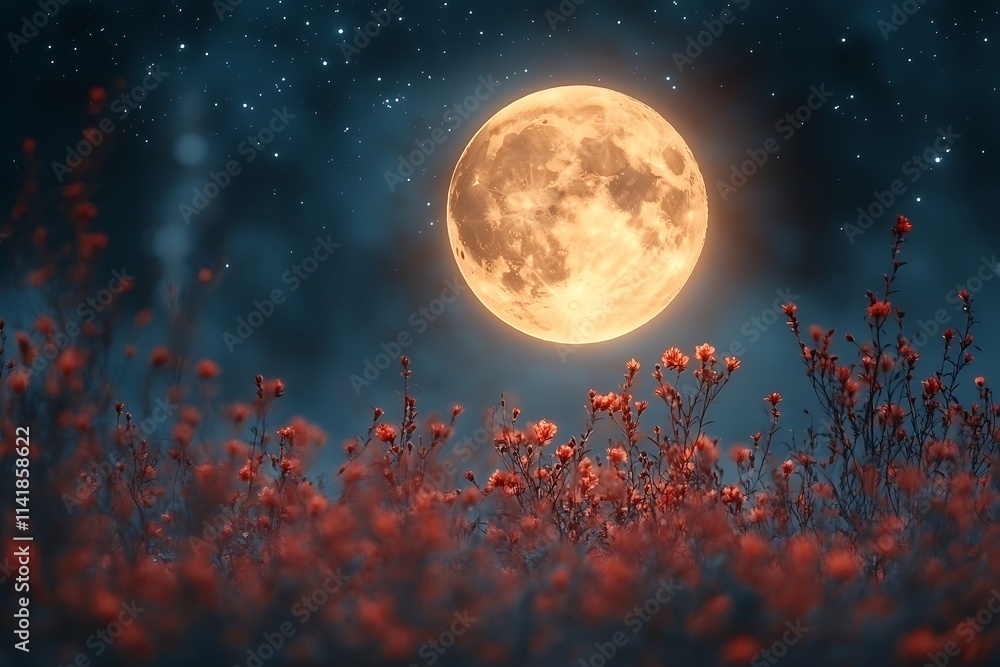 Romantic night scene - Beautiful pink flower blossom in night skies with full moon. - Retro style artwork with vintage color tone. Romantic night scene - Beautiful pink flower blossom in night skies with full moon. - Retro style artwork with vintage color tone.