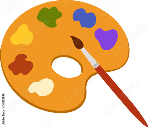 Paint palette and brushes. Painting color pallette, creative drawing tool. Artistic supplies, oil colour pallet on wooden board, artist accessory. Flat vector illustration isolated on white background