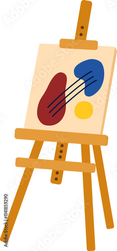 Wooden easel with abstract drawing on canvas. Art supply for painting and drawing. Wood tripod stand, traditional artists equipment, tool. Flat vector illustration isolated on white background