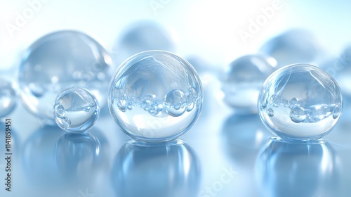 Clear, translucent spheres, resembling water droplets or skincare ingredients, reflecting light.