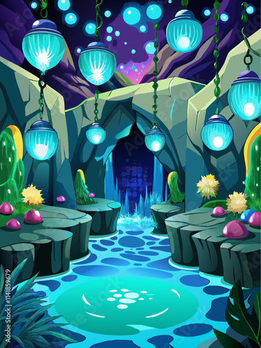 Mystical Cave Interior with Glowing Lanterns and Enchanted River