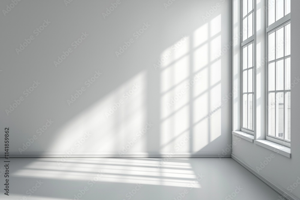 An empty office room, white walls with one window, bright light from the window, minimalist style An empty office room, white walls with one window, bright light from the window, minimalist style