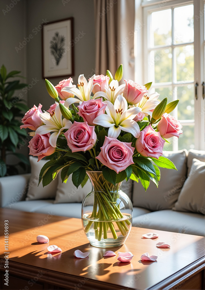 Bouquet of pink roses and lilies in a glass vase with a tender mood against living room background Bouquet of pink roses and lilies in a glass vase with a tender mood against living room background