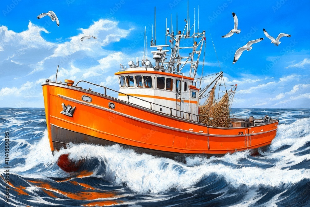 Obraz premium A fishing trawler navigating rough seas, with seagulls flying overhead and nets visible on the deck