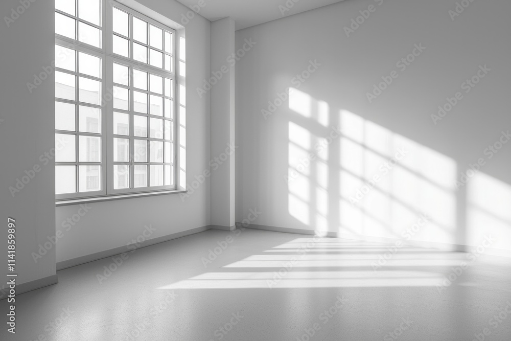 An empty office room, white walls with one window, bright light from the window, minimalist style An empty office room, white walls with one window, bright light from the window, minimalist style
