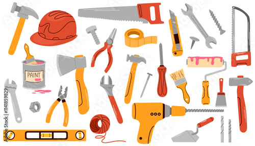 Repair worker tools set. Cartoon different instrument equipment, saw, ruler, screwdriver, hammer, plastering trowel, paint brush. Construction, Building, repair concept. Vector illustration