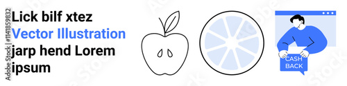 Apple outline, citrus fruit slice in circle, and person holding cash back text. Ideal for websites, education, marketing, dietary guidance, financial apps, blogs, nutrition themes. Landing page