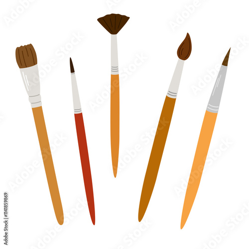 Paint brushes kit for drawing. Painting tools, art supplies. Paintbrushes of different size, shape, type, kind. Flat vector illustration isolated on white background