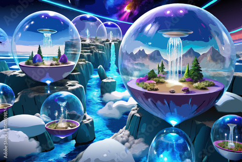 Futuristic Biodome Colonies on Alien Planet Landscape