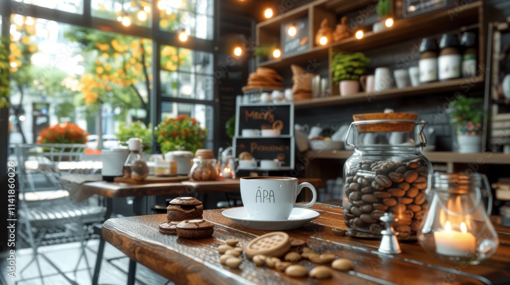 A cozy café scene featuring a wooden table with coffee, cookies, and jars, surrounded by warm lighting and greenery. A cozy café scene featuring a wooden table with coffee, cookies, and jars, surrounded by warm lighting and greenery.