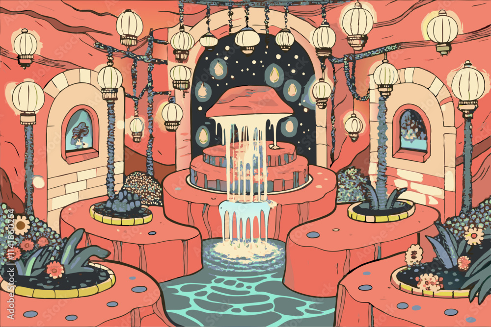 Enchanting Cartoon Landscape with Lanterns and Waterfall Enchanting Cartoon Landscape with Lanterns and Waterfall