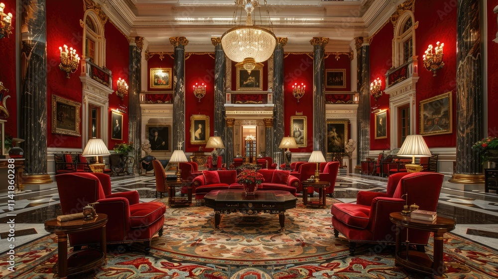Fototapeta premium Luxurious interior featuring red decor, elegant furniture, and ornate chandeliers.