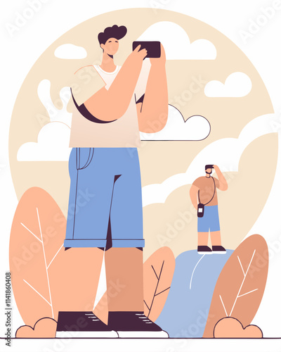Tourists Capturing Memories: Men Taking Photos in Nature with Smartphones