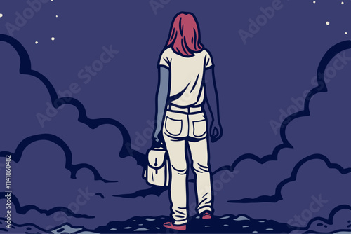 Woman Gazing at Stars: Solitude Under Night Sky Illustration