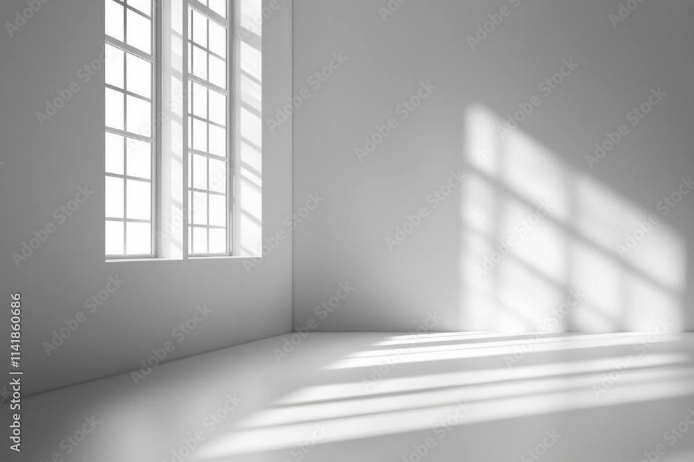 Fototapeta premium An empty office room, white walls with one window, bright light from the window, minimalist style