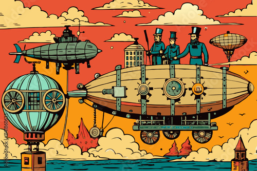 Steampunk Airship and Crew Soaring Over Fantasy Landscape