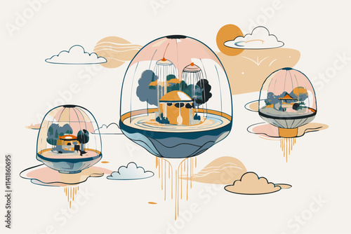 Surreal Floating Islands with Futuristic Domes Art Illustration