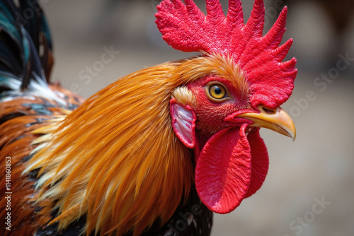 Rooster with vibrant plumage and yellow beak