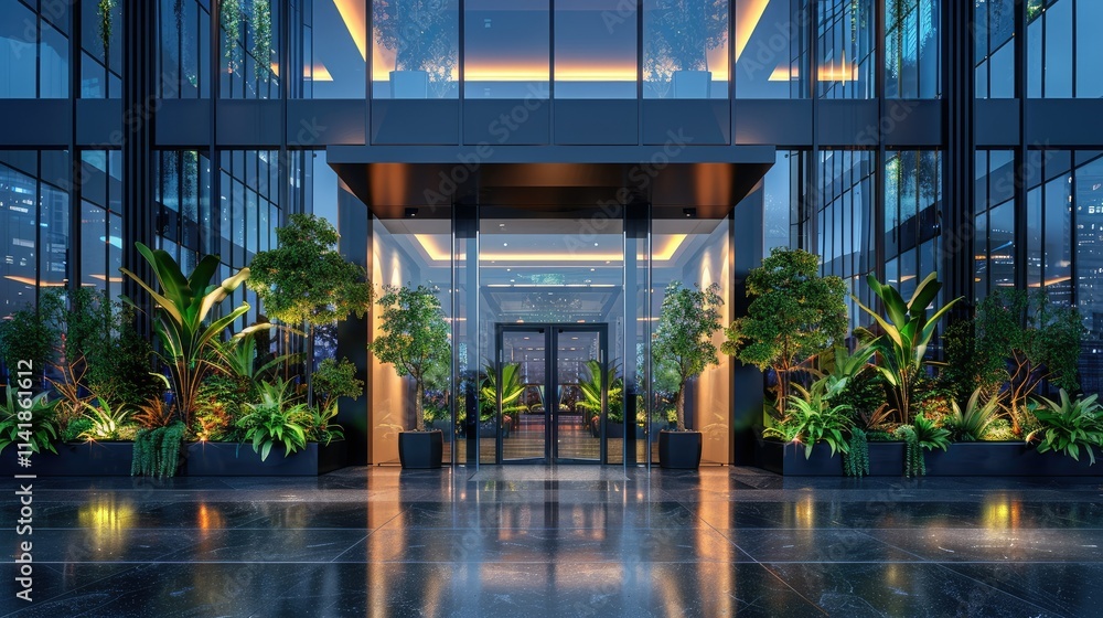 Fototapeta premium Modern entrance with lush greenery and glass facade, creating a welcoming atmosphere.