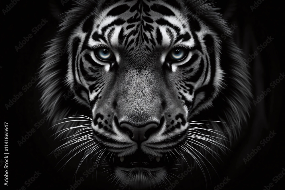 Tiger's face with black stripes in close-up Tiger's face with black stripes in close-up