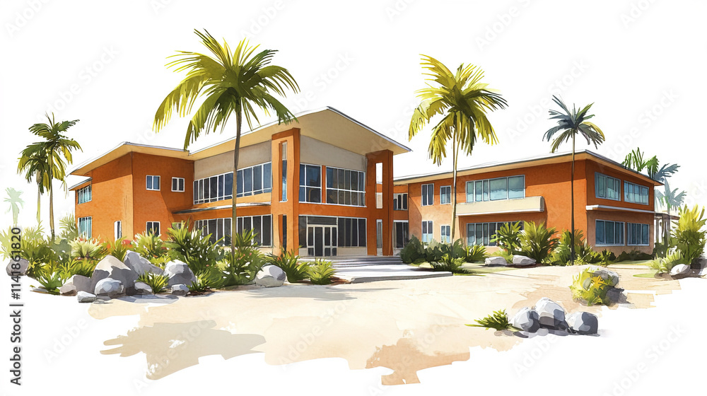 Fototapeta premium coastal school building with beachfront location, surrounded by palm trees and rocks
