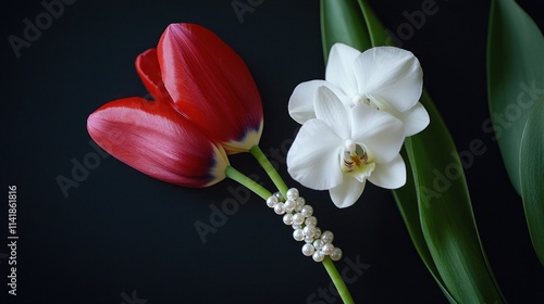 Red tulips and white orchid with pearl detail on dark background.